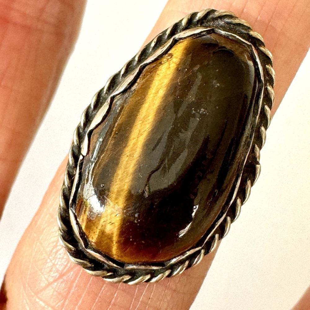 VTG Navajo Tiger Eye Ring Sz 5 Sterling‎ Harvey Era Old Scalloped Bezel 1960s